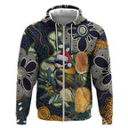 Aussie Honeyeaters Banksia Christmas Zip Hoodie Aboriginal Dots Painting Blue Motif - Aussie Hoodie