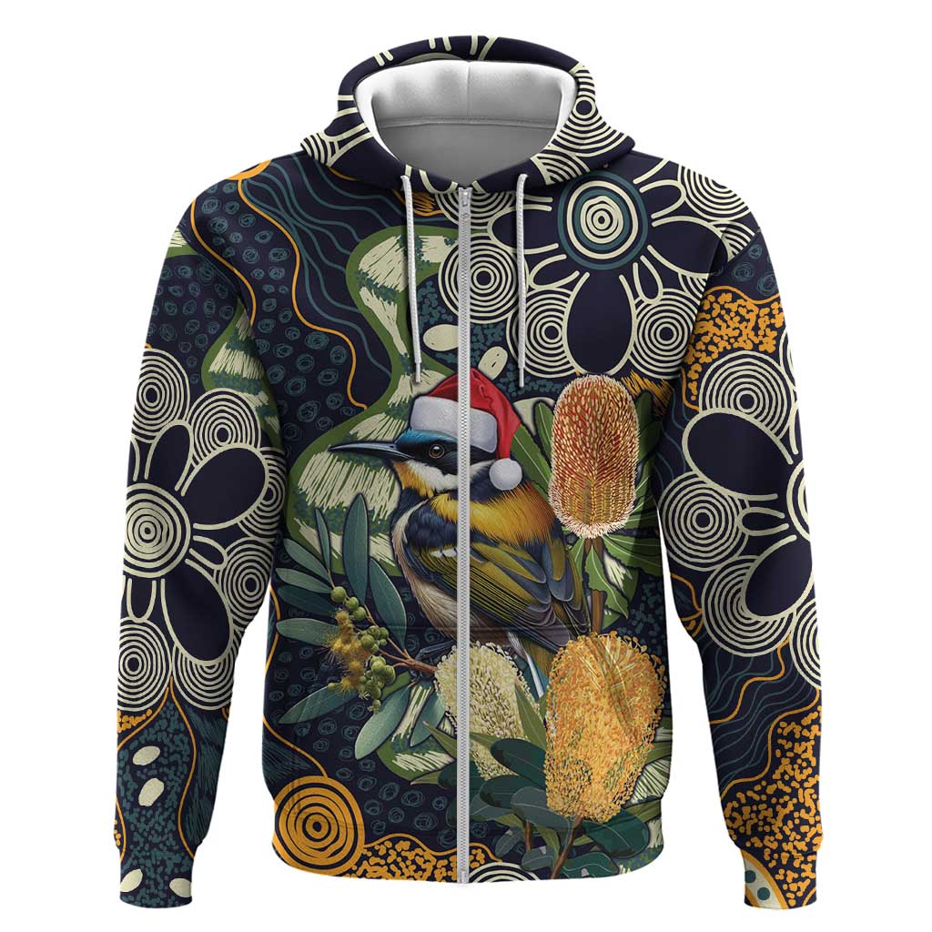Aussie Honeyeaters Banksia Christmas Zip Hoodie Aboriginal Dots Painting Blue Motif - Aussie Hoodie