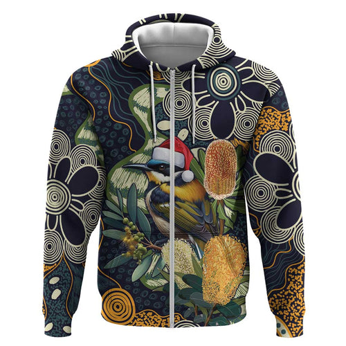 Aussie Honeyeaters Banksia Christmas Zip Hoodie Aboriginal Dots Painting Blue Motif - Aussie Hoodie