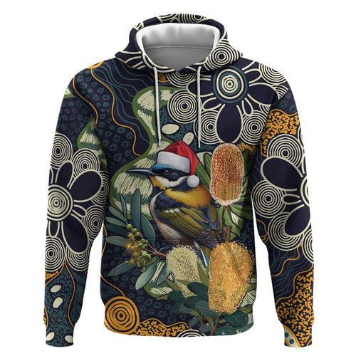 Aussie Honeyeaters Banksia Christmas Zip Hoodie Aboriginal Dots Painting Blue Motif - Aussie Hoodie