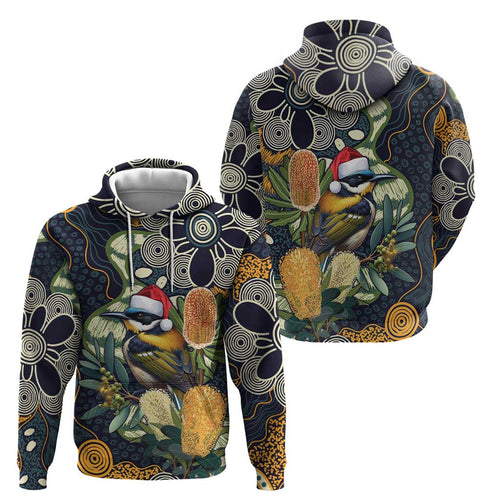 Aussie Honeyeaters Banksia Christmas Zip Hoodie Aboriginal Dots Painting Blue Motif - Aussie Hoodie