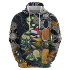 Aussie Honeyeaters Banksia Christmas Zip Hoodie Aboriginal Dots Painting Blue Motif - Aussie Hoodie
