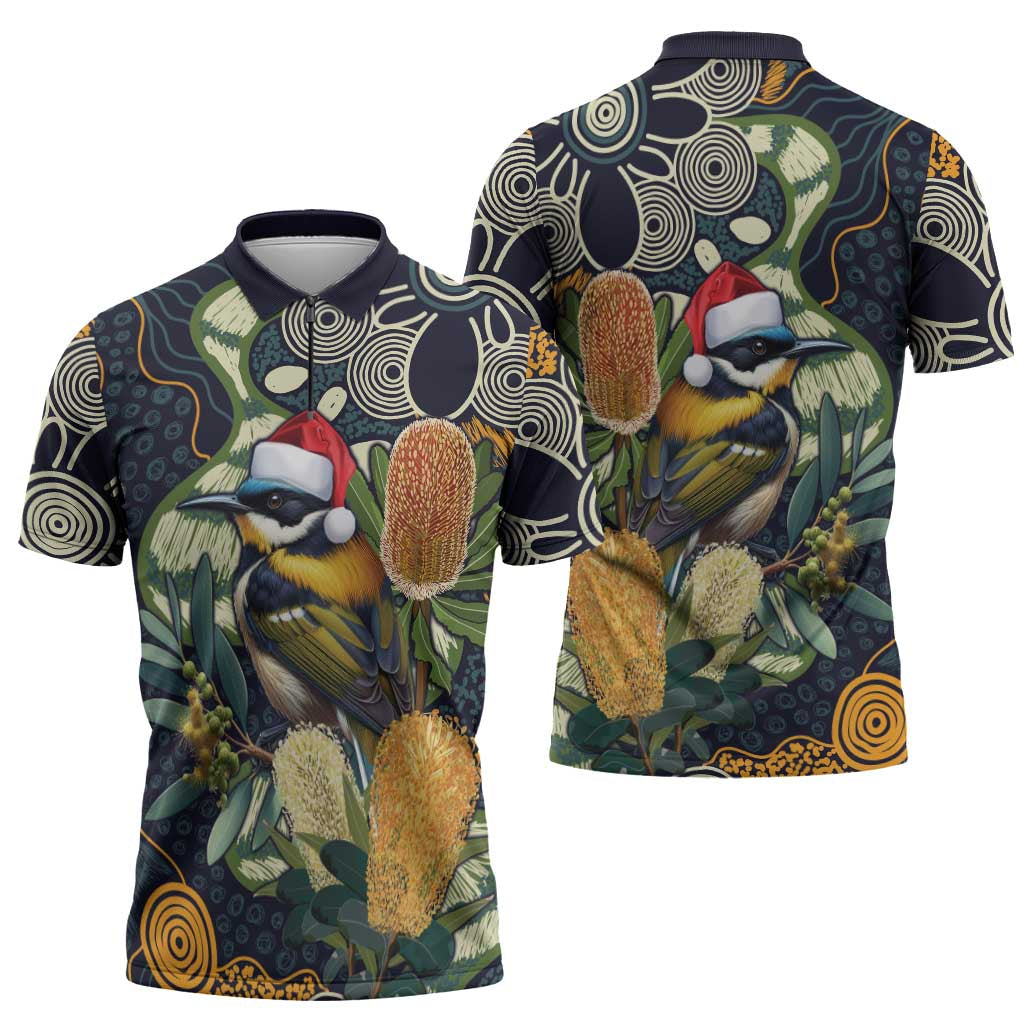 Aussie Honeyeaters Banksia Christmas Zipper Polo Shirt Aboriginal Dots Painting Blue Motif - Aussie Hoodie