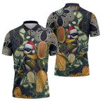Aussie Honeyeaters Banksia Christmas Zipper Polo Shirt Aboriginal Dots Painting Blue Motif - Aussie Hoodie