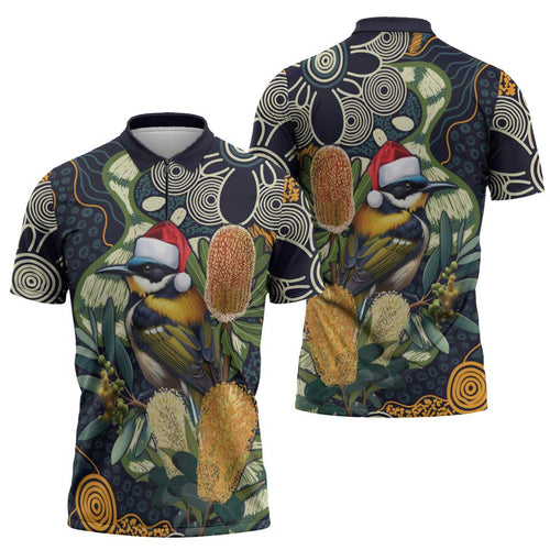 Aussie Honeyeaters Banksia Christmas Zipper Polo Shirt Aboriginal Dots Painting Blue Motif - Aussie Hoodie