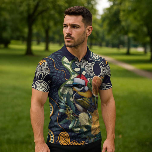 Aussie Honeyeaters Banksia Christmas Zipper Polo Shirt Aboriginal Dots Painting Blue Motif - Aussie Hoodie