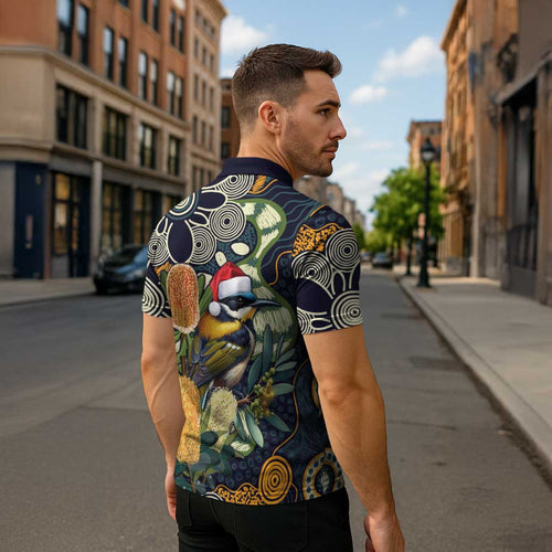 Aussie Honeyeaters Banksia Christmas Zipper Polo Shirt Aboriginal Dots Painting Blue Motif - Aussie Hoodie