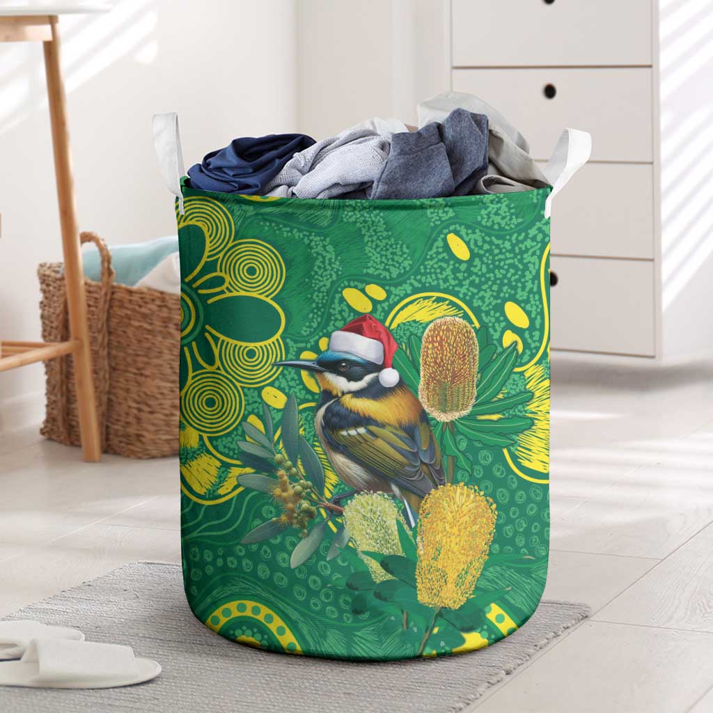 Aussie Honeyeaters Banksia Christmas Laundry Basket Aboriginal Dots Painting Green Motif - Aussie Hoodie