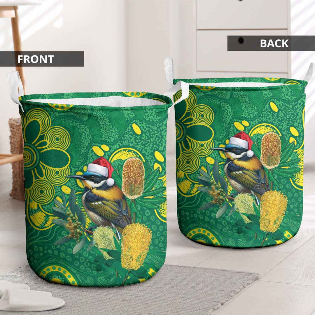 Aussie Honeyeaters Banksia Christmas Laundry Basket Aboriginal Dots Painting Green Motif - Aussie Hoodie