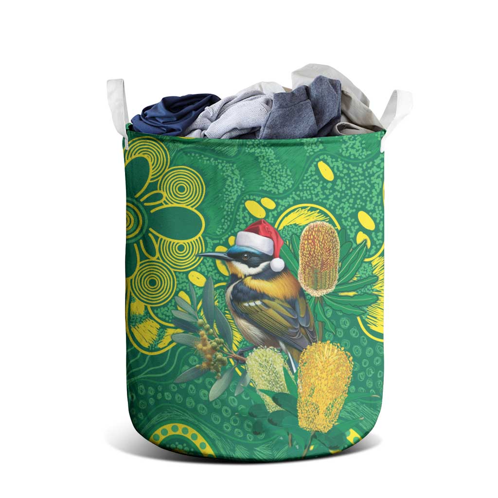 Aussie Honeyeaters Banksia Christmas Laundry Basket Aboriginal Dots Painting Green Motif - Aussie Hoodie