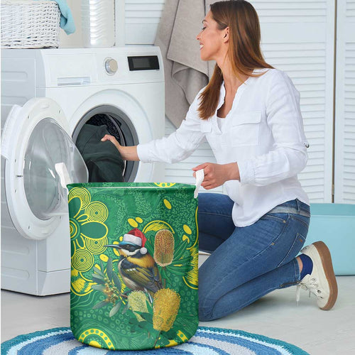 Aussie Honeyeaters Banksia Christmas Laundry Basket Aboriginal Dots Painting Green Motif - Aussie Hoodie