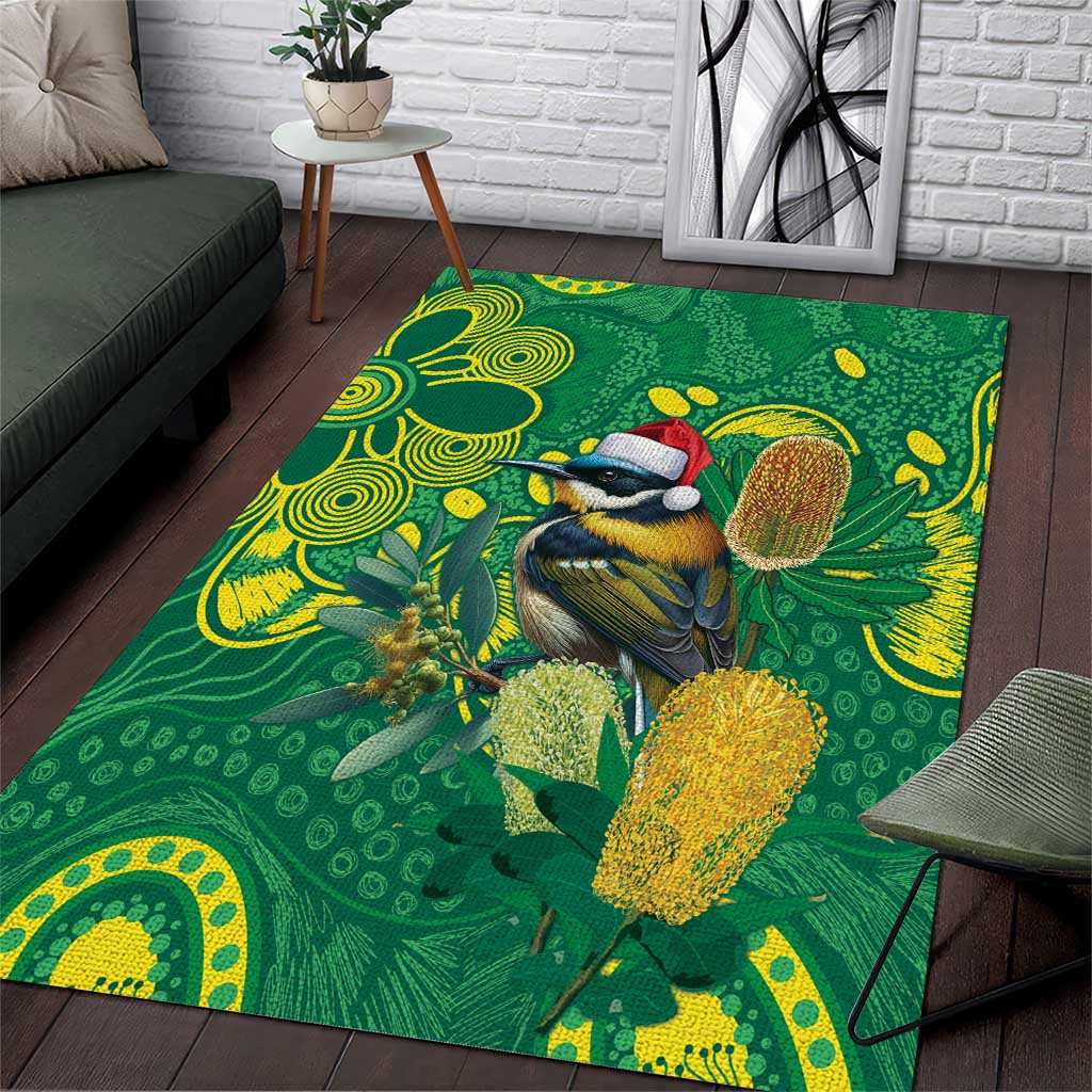 Aussie Honeyeaters Banksia Christmas Area Rug Aboriginal Dots Painting Green Motif - Aussie Hoodie