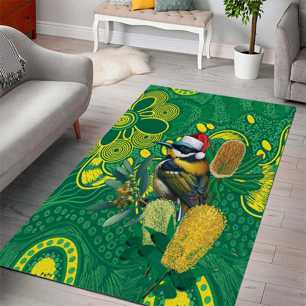 Aussie Honeyeaters Banksia Christmas Area Rug Aboriginal Dots Painting Green Motif - Aussie Hoodie