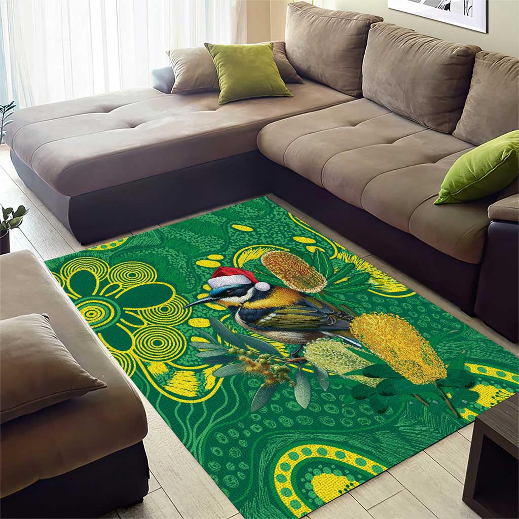 Aussie Honeyeaters Banksia Christmas Area Rug Aboriginal Dots Painting Green Motif - Aussie Hoodie