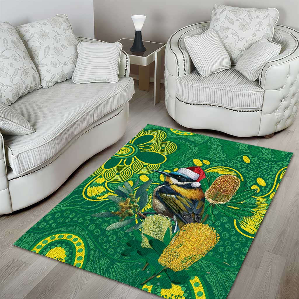 Aussie Honeyeaters Banksia Christmas Area Rug Aboriginal Dots Painting Green Motif - Aussie Hoodie