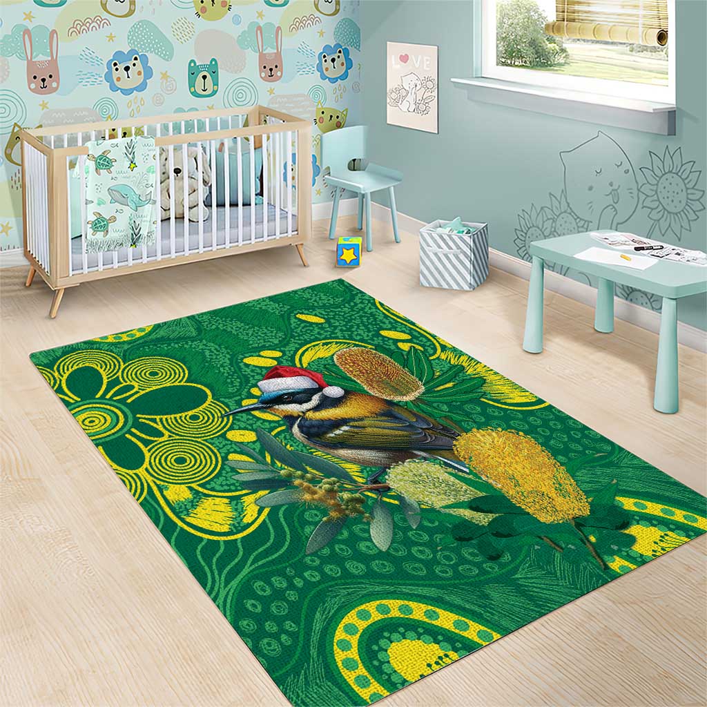 Aussie Honeyeaters Banksia Christmas Area Rug Aboriginal Dots Painting Green Motif - Aussie Hoodie
