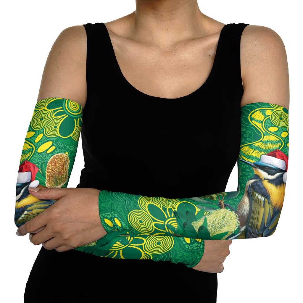 Aussie Honeyeaters Banksia Christmas Arm Sleeves Aboriginal Dots Painting Green Motif - Aussie Hoodie