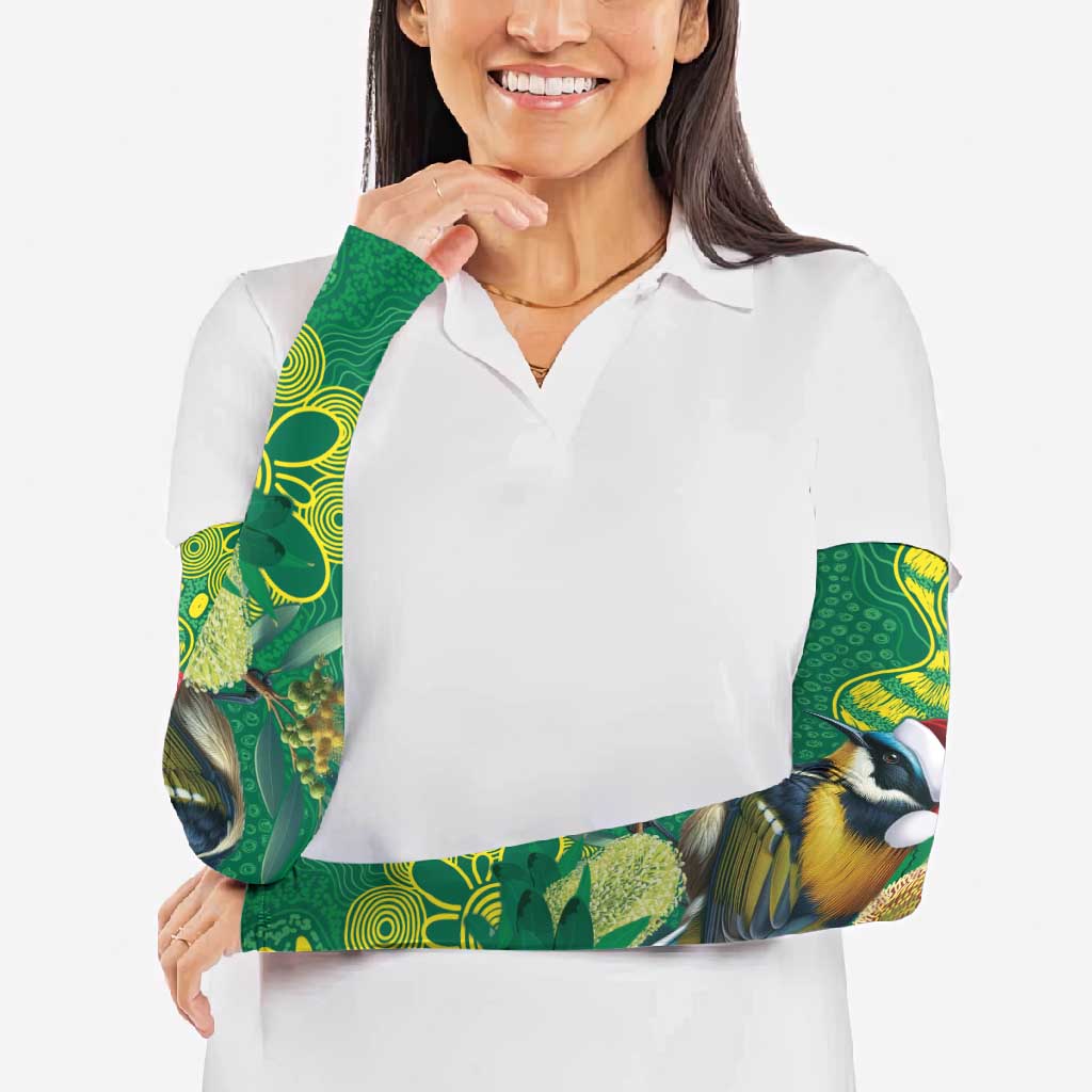 Aussie Honeyeaters Banksia Christmas Arm Sleeves Aboriginal Dots Painting Green Motif - Aussie Hoodie