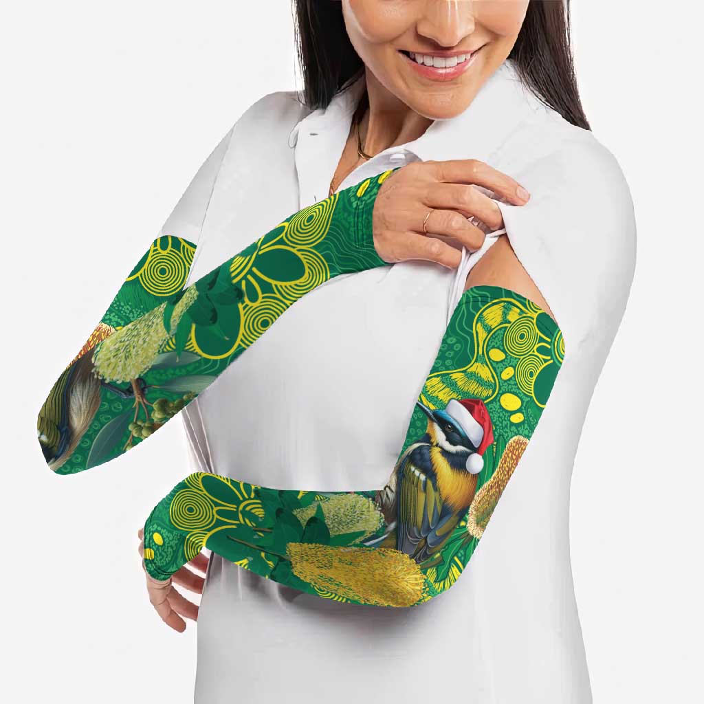 Aussie Honeyeaters Banksia Christmas Arm Sleeves Aboriginal Dots Painting Green Motif - Aussie Hoodie