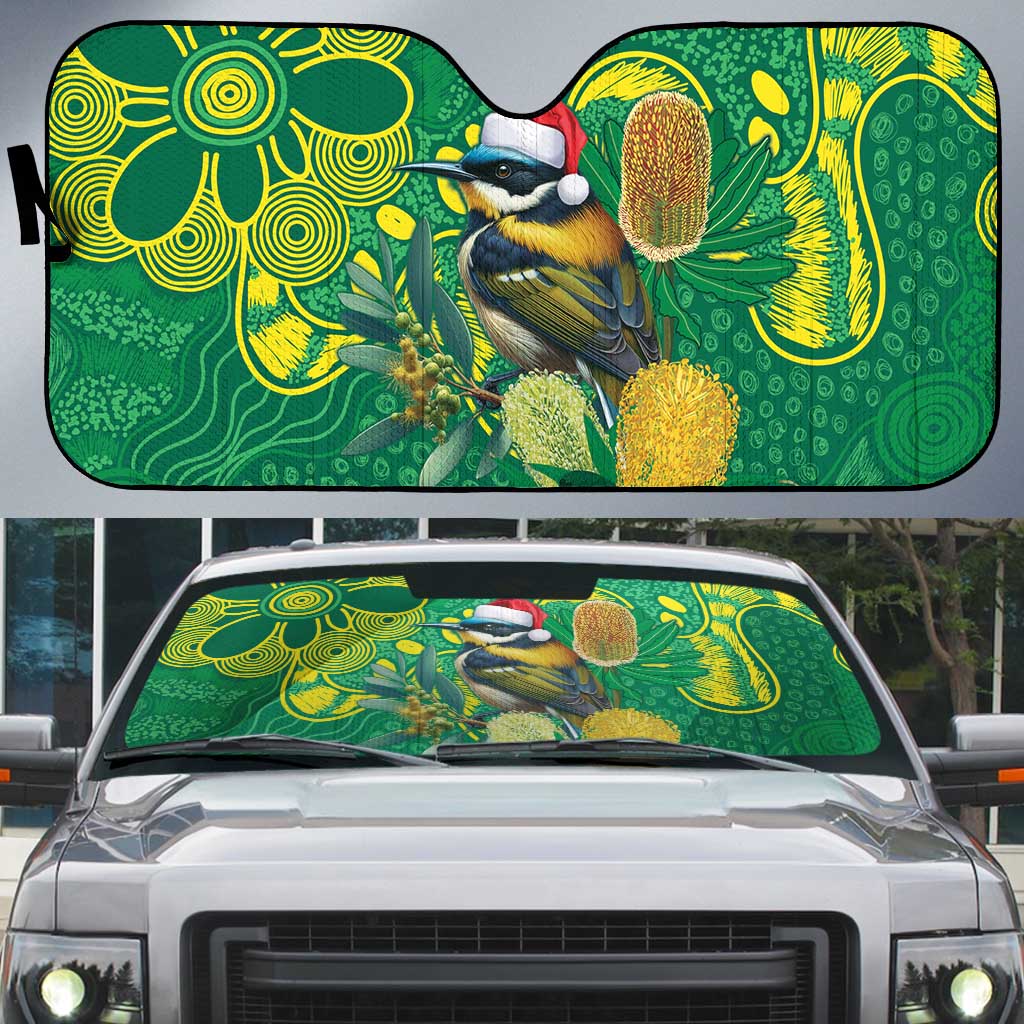 Aussie Honeyeaters Banksia Christmas Auto Sun Shade Aboriginal Dots Painting Green Motif - Aussie Hoodie