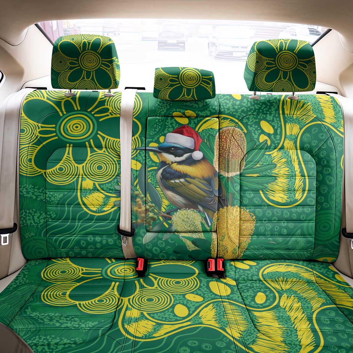Aussie Honeyeaters Banksia Christmas Back Car Seat Cover Aboriginal Dots Painting Green Motif - Aussie Hoodie