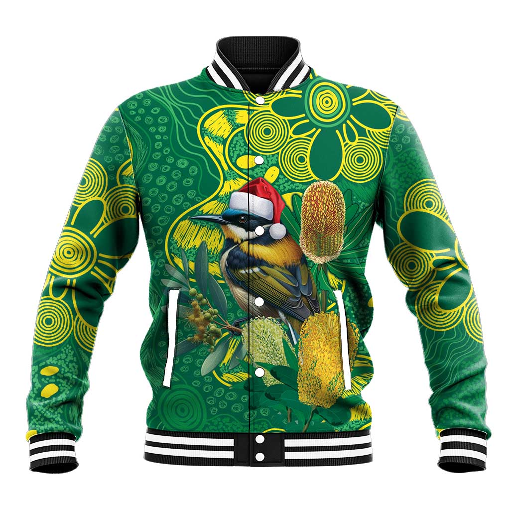 Aussie Honeyeaters Banksia Christmas Baseball Jacket Aboriginal Dots Painting Green Motif - Aussie Hoodie