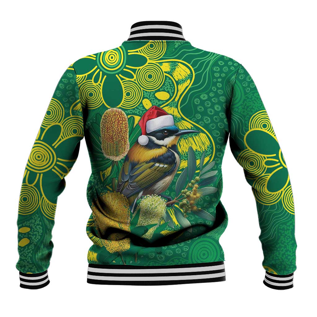 Aussie Honeyeaters Banksia Christmas Baseball Jacket Aboriginal Dots Painting Green Motif - Aussie Hoodie