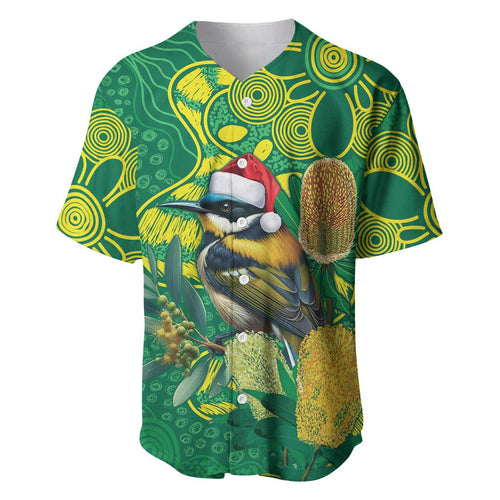 Aussie Honeyeaters Banksia Christmas Baseball Jersey Aboriginal Dots Painting Green Motif - Aussie Hoodie