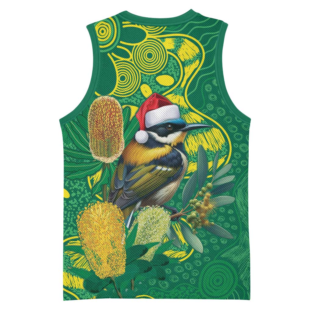 Aussie Honeyeaters Banksia Christmas Basketball Jersey Aboriginal Dots Painting Green Motif - Aussie Hoodie