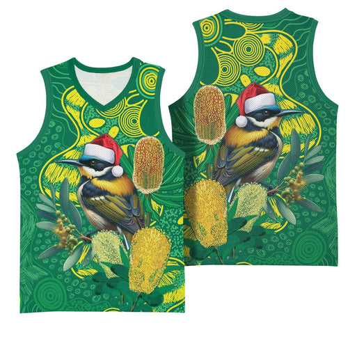 Aussie Honeyeaters Banksia Christmas Basketball Jersey Aboriginal Dots Painting Green Motif - Aussie Hoodie