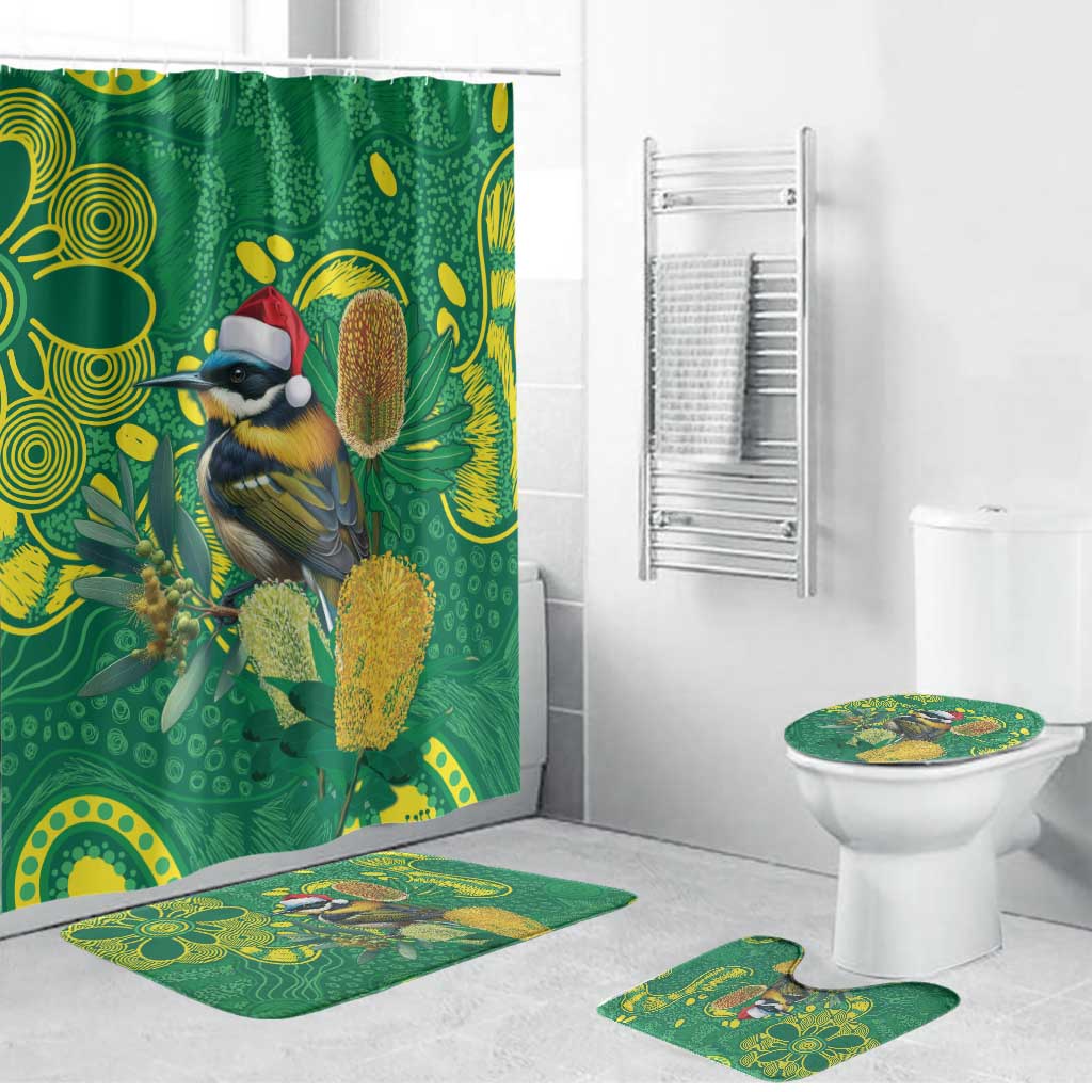 Aussie Honeyeaters Banksia Christmas Bathroom Set Aboriginal Dots Painting Green Motif - Aussie Hoodie