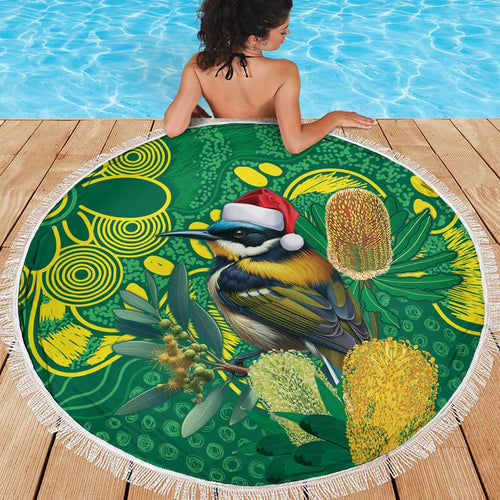 Aussie Honeyeaters Banksia Christmas Beach Blanket Aboriginal Dots Painting Green Motif - Aussie Hoodie