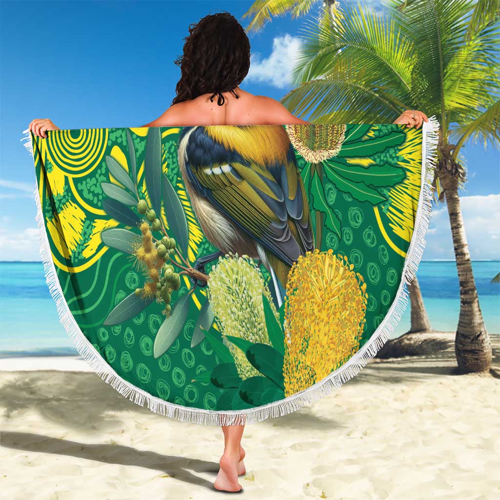 Aussie Honeyeaters Banksia Christmas Beach Blanket Aboriginal Dots Painting Green Motif - Aussie Hoodie