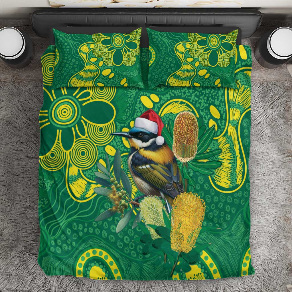 Aussie Honeyeaters Banksia Christmas Bedding Set Aboriginal Dots Painting Green Motif - Aussie Hoodie
