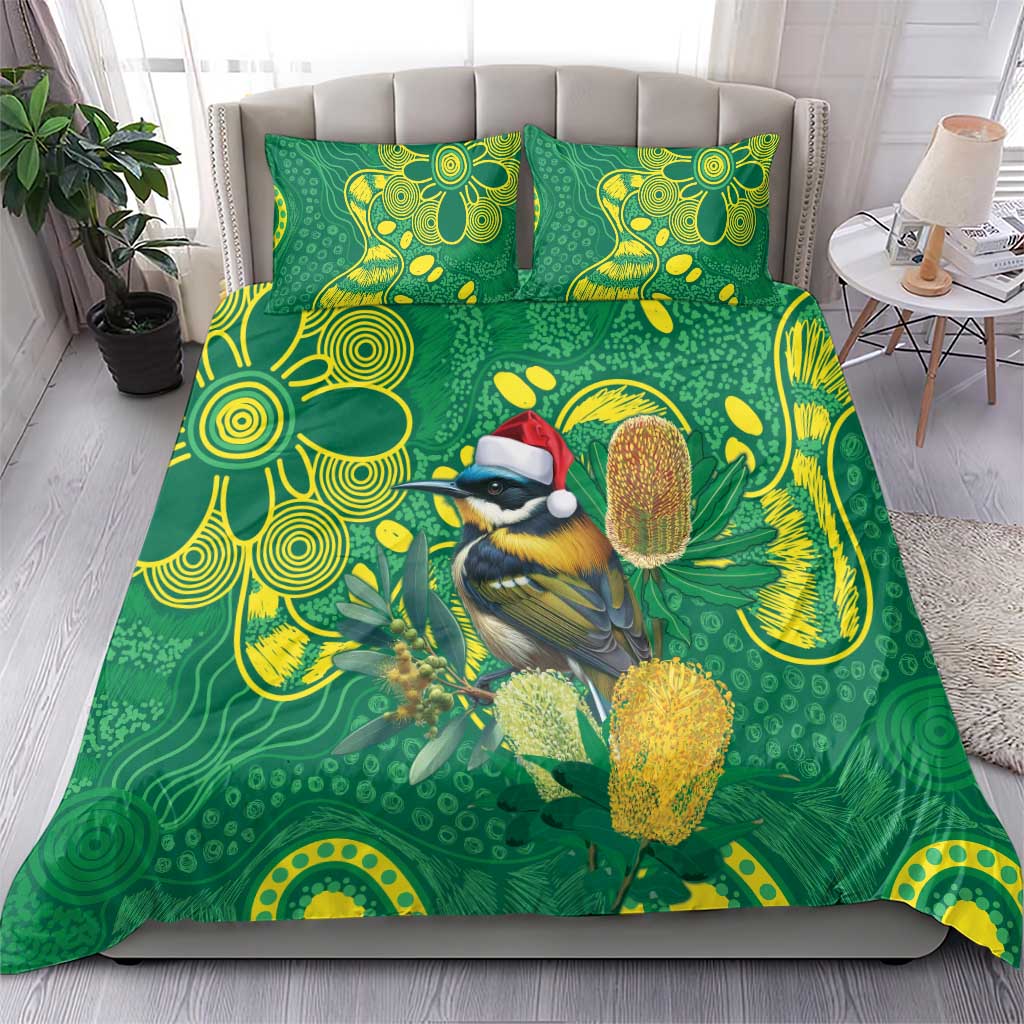 Aussie Honeyeaters Banksia Christmas Bedding Set Aboriginal Dots Painting Green Motif - Aussie Hoodie