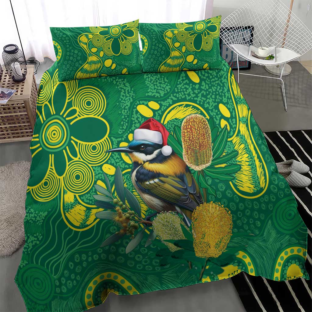 Aussie Honeyeaters Banksia Christmas Bedding Set Aboriginal Dots Painting Green Motif - Aussie Hoodie