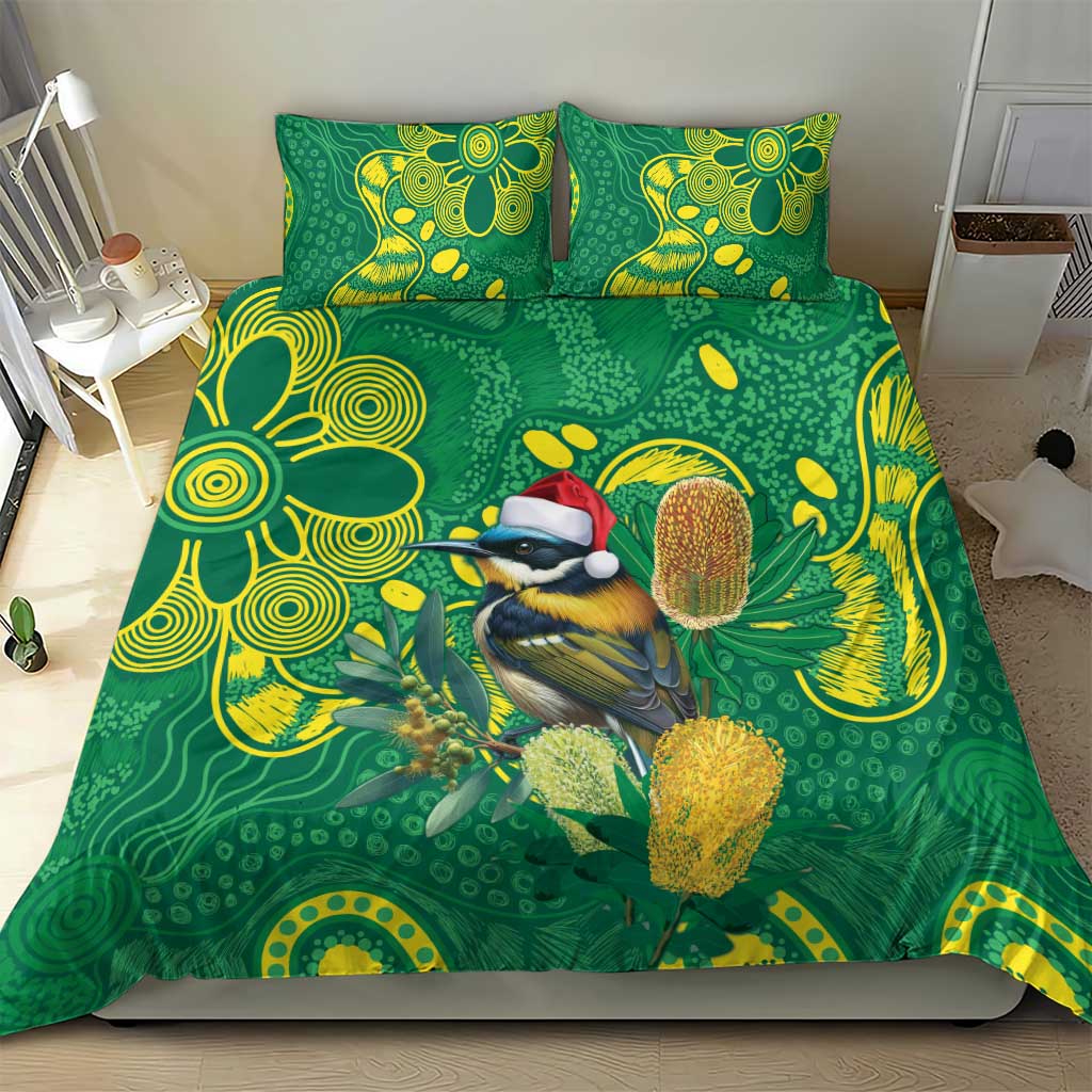 Aussie Honeyeaters Banksia Christmas Bedding Set Aboriginal Dots Painting Green Motif - Aussie Hoodie