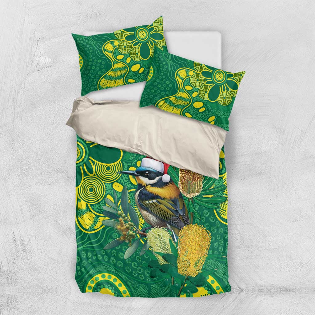 Aussie Honeyeaters Banksia Christmas Bedding Set Aboriginal Dots Painting Green Motif - Aussie Hoodie