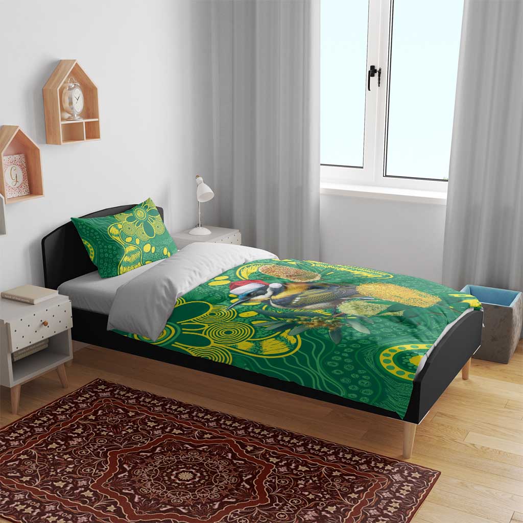 Aussie Honeyeaters Banksia Christmas Bedding Set Aboriginal Dots Painting Green Motif - Aussie Hoodie