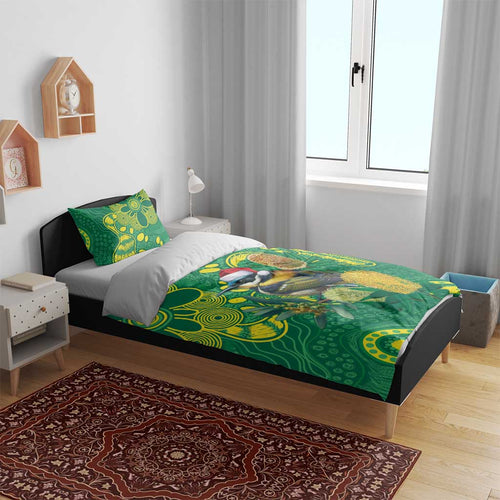 Aussie Honeyeaters Banksia Christmas Bedding Set Aboriginal Dots Painting Green Motif - Aussie Hoodie
