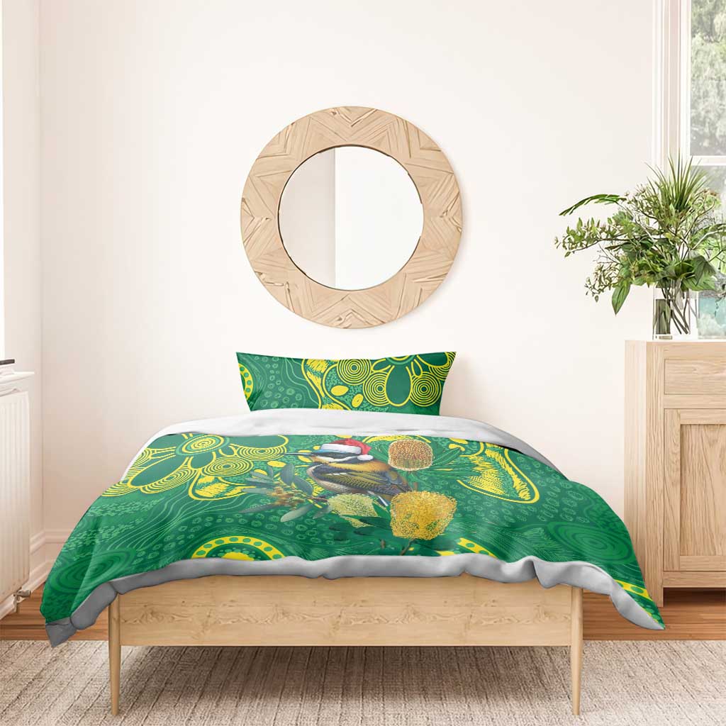 Aussie Honeyeaters Banksia Christmas Bedding Set Aboriginal Dots Painting Green Motif - Aussie Hoodie