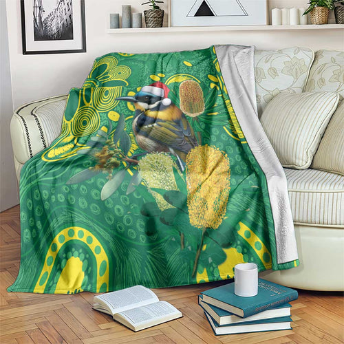 Aussie Honeyeaters Banksia Christmas Blanket Aboriginal Dots Painting Green Motif - Aussie Hoodie