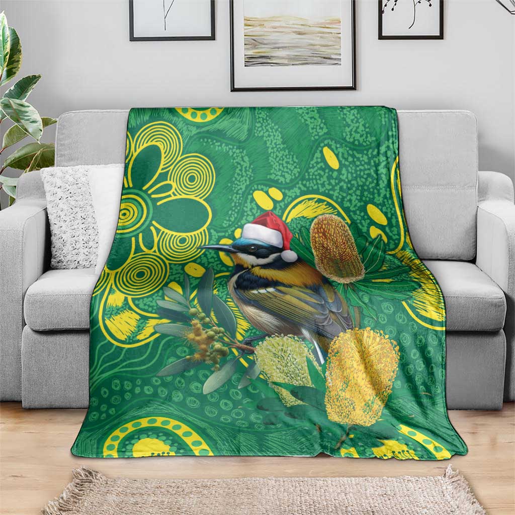 Aussie Honeyeaters Banksia Christmas Blanket Aboriginal Dots Painting Green Motif - Aussie Hoodie