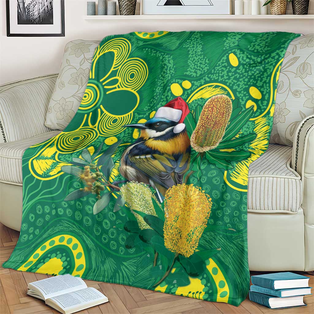Aussie Honeyeaters Banksia Christmas Blanket Aboriginal Dots Painting Green Motif - Aussie Hoodie