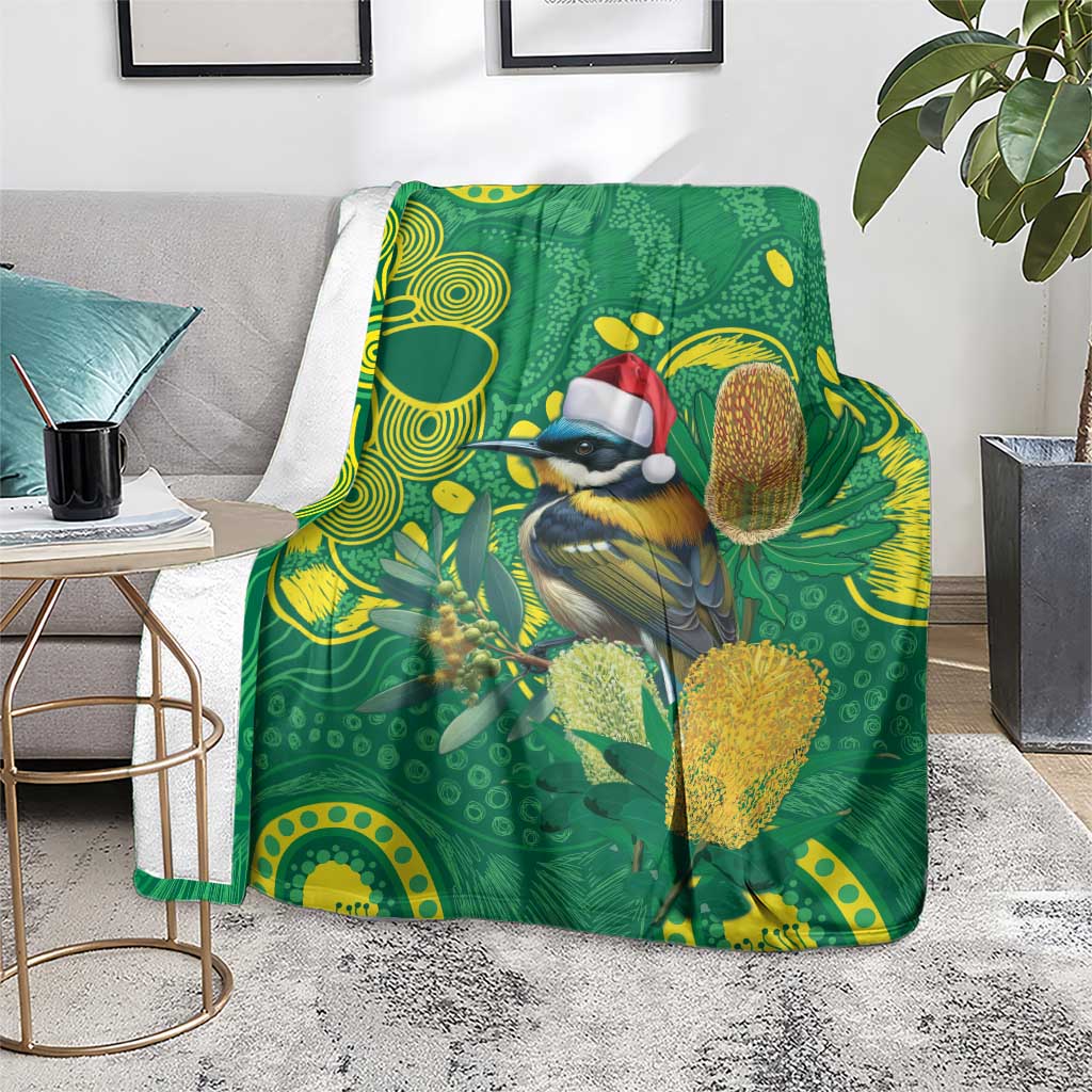 Aussie Honeyeaters Banksia Christmas Blanket Aboriginal Dots Painting Green Motif - Aussie Hoodie