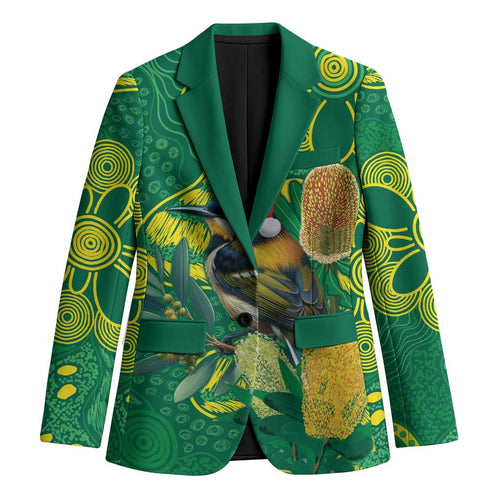 Aussie Honeyeaters Banksia Christmas Blazer Aboriginal Dots Painting Green Motif - Aussie Hoodie