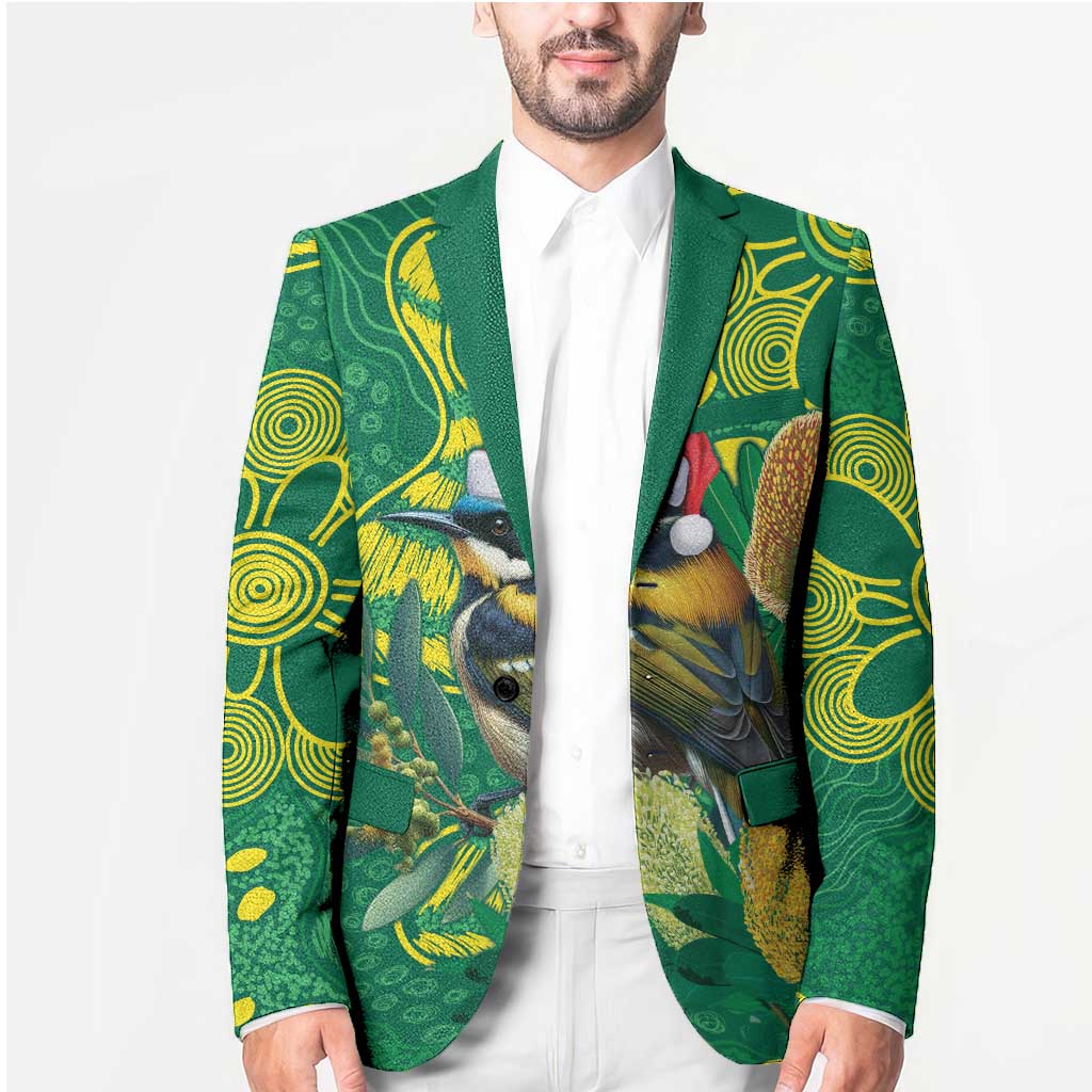 Aussie Honeyeaters Banksia Christmas Blazer Aboriginal Dots Painting Green Motif - Aussie Hoodie