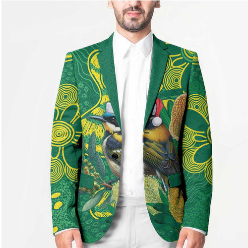 Aussie Honeyeaters Banksia Christmas Blazer Aboriginal Dots Painting Green Motif - Aussie Hoodie