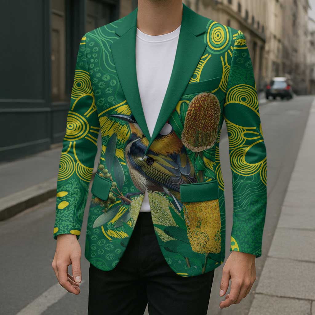 Aussie Honeyeaters Banksia Christmas Blazer Aboriginal Dots Painting Green Motif - Aussie Hoodie