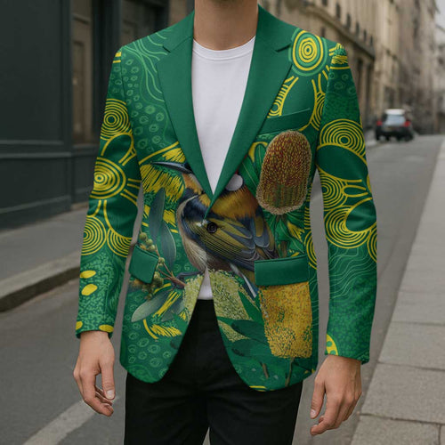 Aussie Honeyeaters Banksia Christmas Blazer Aboriginal Dots Painting Green Motif - Aussie Hoodie